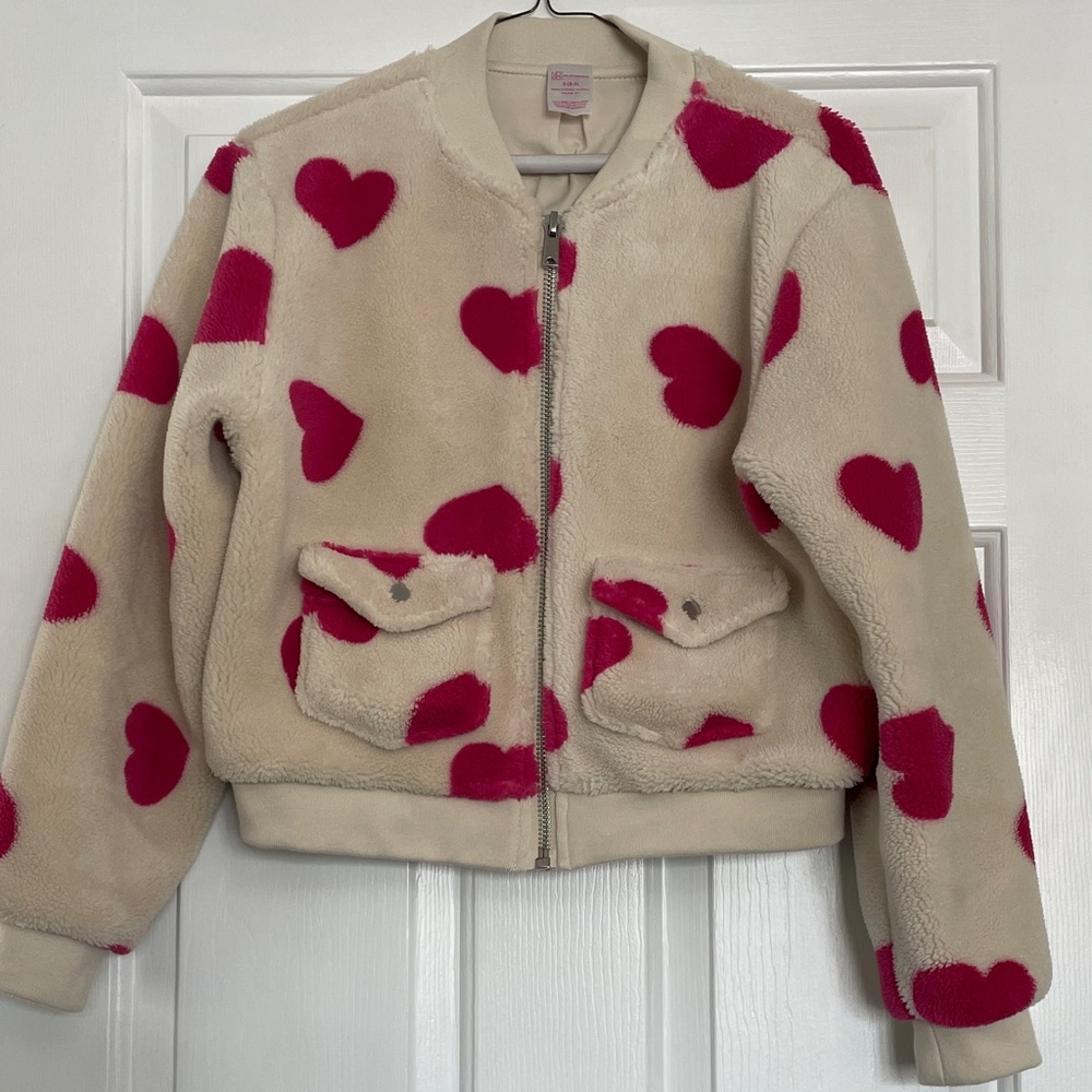 No Boundaries Cream Fleece Bomber Jacket with Pink Heart Print